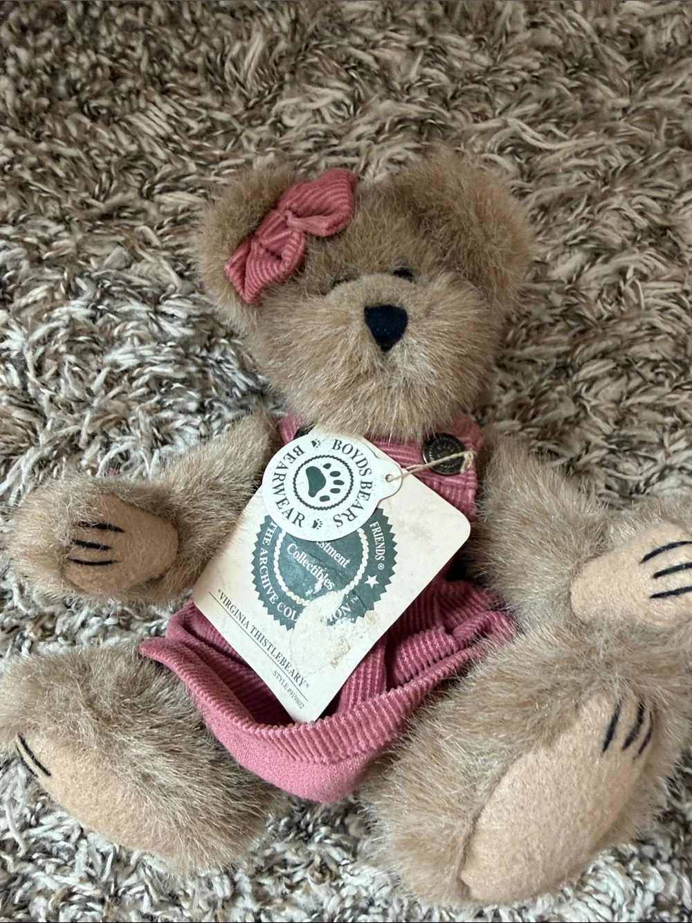 Boyds Bears Pink Corduroy Dress Teddy Bear Hair Bow